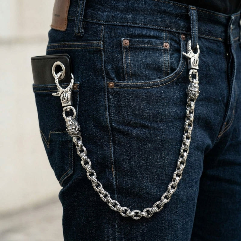 Lion Head Flame Link Sterling Silver Wallet Chain