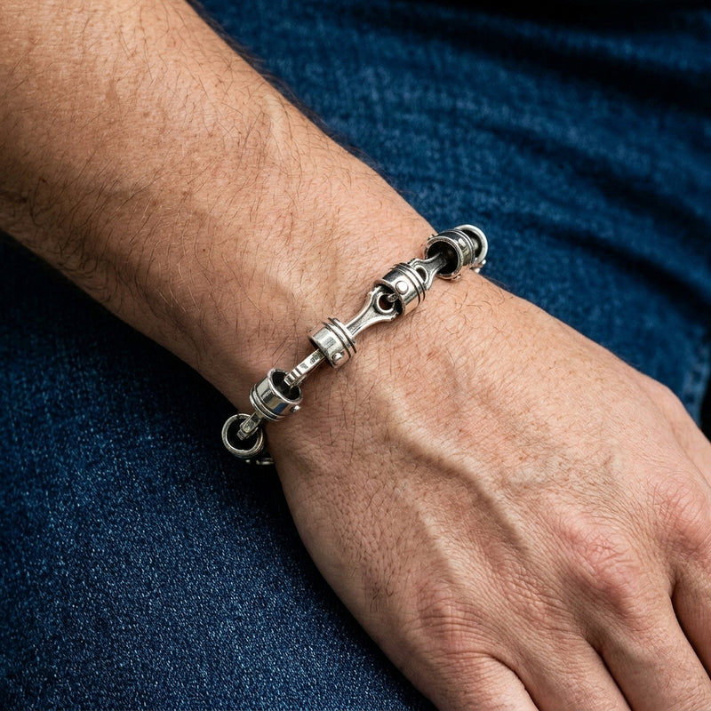 Motorcycle Piston Sterling Silver Link Bracelet