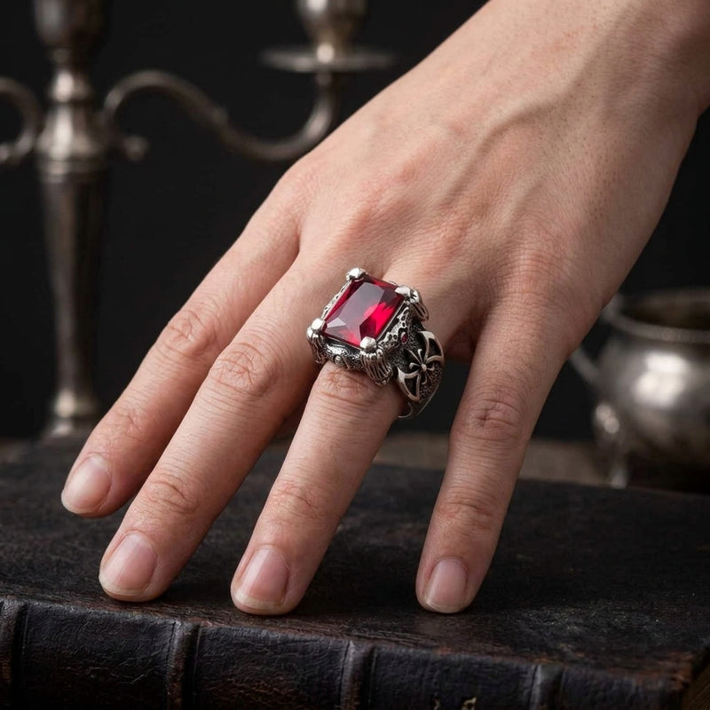 Ruby Red Dragon Claw Gothic Ring