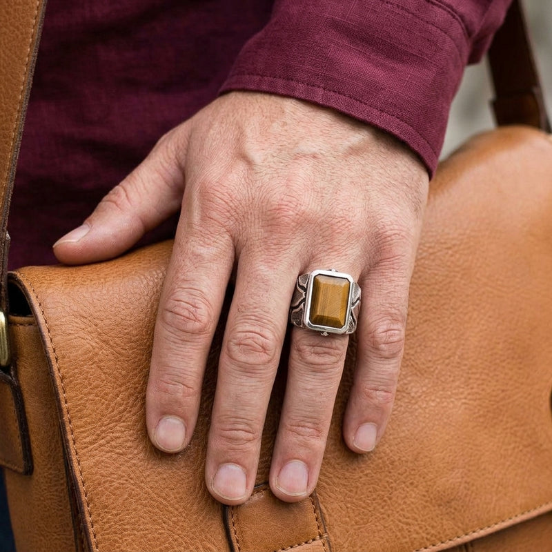 Tiger's Eye Ring with Textured Sterling Silver Band