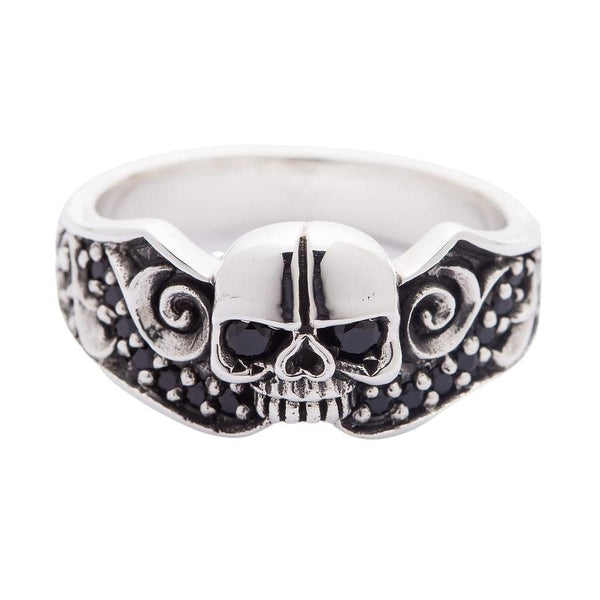 Sterling Silver Black Stones Tribal Skull Gothic Ring