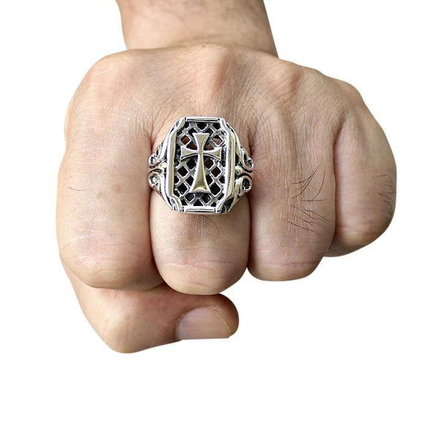 Silver Gothic Cross Mens Ring