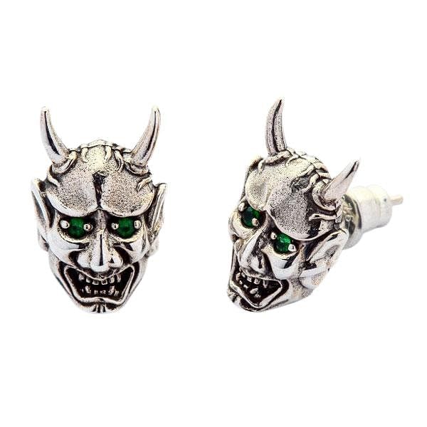 Green Eyes Japanese Skull Oni Mask Earrings