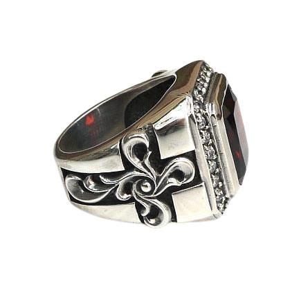 Sterling Silver Tribal Cross Red Garnet Mens Ring