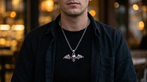 Sterling silver bat-wing vampire skull pendant worn on a separate silver chain over black clothing in an evening café