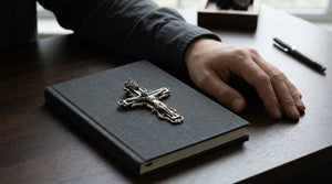 An ornate silver crucifix rests face-up on a charcoal journal beside an adult hand and dark shirt cuff.