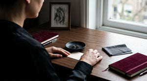 An adult in a black blouse checks a card beside small red-garnet rose studs and an unused cloth.