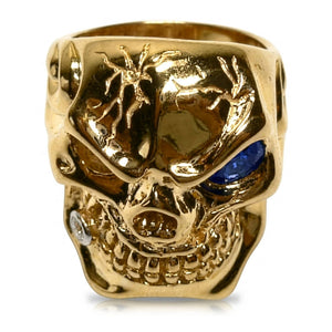 Solid 14k gold skull ring with sapphire eye and diamond tooth — diamond tooth detail