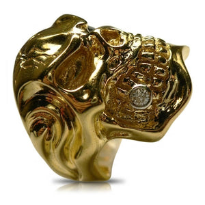 Solid 14k gold skull ring with sapphire eye and diamond tooth — rear band view