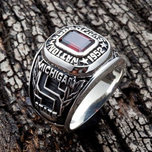1952 Michigan State championship ring top view with red stone