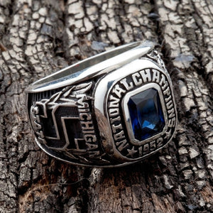 Side angle highlighting the oxidized Michigan State block S and laurel wreaths