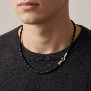 3 mm Black Leather Necklace with Sterling Silver Ends worn by model