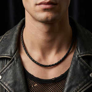 4 mm Black Leather Necklace with Sterling Silver Ends worn by model