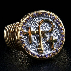 Amethyst Crosier Sterling Silver Bishop Ring, angled two tone face