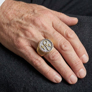 Amethyst crosier and cross bishop ring worn at a smaller realistic scale on a full hand