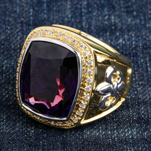 Gold-Plated Amethyst Fleur-de-Lis Bishop Ring showing the amethyst halo and opposite fleur-de-lis shoulder.
