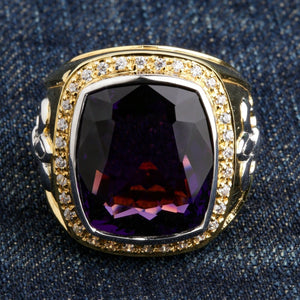 Gold-Plated Amethyst Fleur-de-Lis Bishop Ring showing front of the purple amethyst within its clear CZ halo.