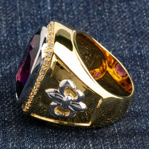 Gold-Plated Amethyst Fleur-de-Lis Bishop Ring showing silver fleur-de-lis on the gold-tone right shoulder.