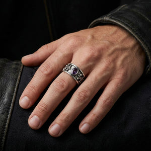 Amethyst Fleur-de-Lis Sterling Silver Band Ring worn on a man's hand