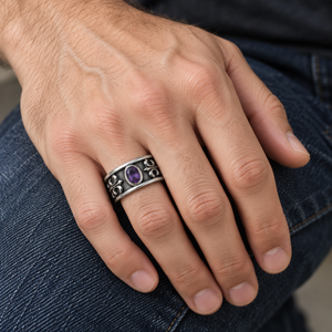 Amethyst Fleur-de-Lis Sterling Silver Band Ring worn on a man's hand