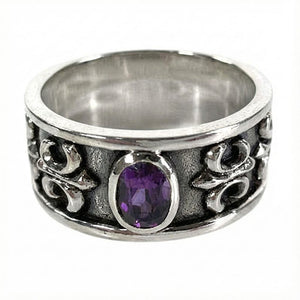 Amethyst Fleur-de-Lis Sterling Silver Band Ring, amethyst ring front