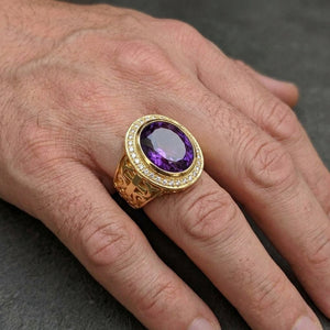Oval Amethyst Gold-Plated Bishop Ring, worn on an adult model
