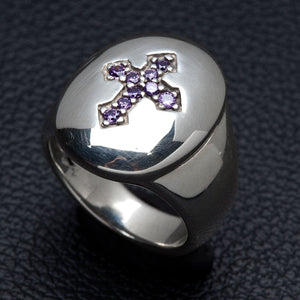 Anello in argento sterling con croce in CZ viola, croce in cz viola ad angolo