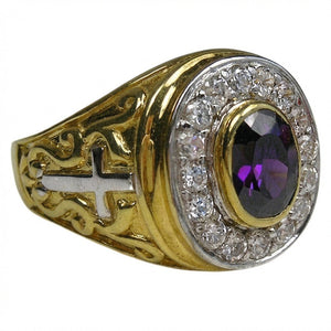 Anillo de obispo de amatista en plata esterlina .925 bañada en oro, hombro con cruz plateada
