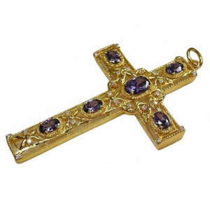 Amethyst-Kreuzanhänger aus vergoldetem Sterlingsilber, schräge Steinfassung