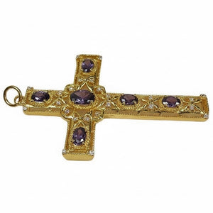 Amethyst-Kreuzanhänger aus vergoldetem Sterlingsilber, Detail des oberen Kreuzbereichs