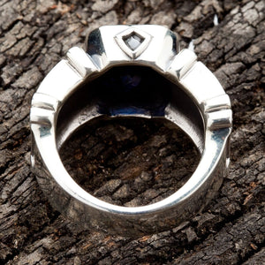Schrägansicht von hinten auf dunkler Rinde, wobei die Schultern aus Sterlingsilber die Unterseite des blauen CZ einrahmen