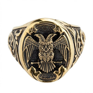 Antique Brass Scottish Rite Double Eagle Ring — front