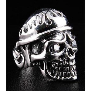 Flame Military Skull CZ Sterling Silver Ring, ring opposite angle
