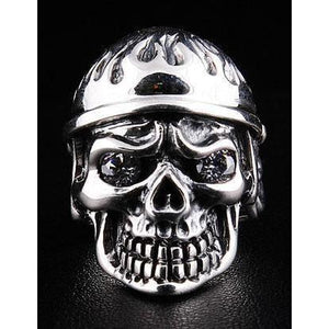 Flame Military Skull CZ Sterling Silver Ring, ring front alternate