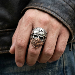 Bandana Biker Skull Sterling Silver and Brass Ring, worn on an adult model
