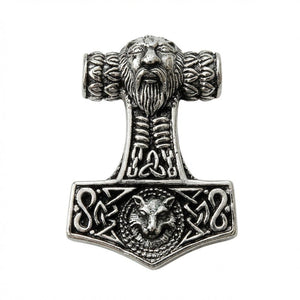 Ciondolo in argento martello di Thor lupo Fenrir vichingo, dettaglio del volto barbuto