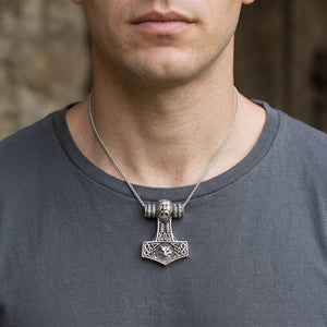 Viking Fenrir Wolf Thor's Hammer Silver Pendant worn at an adult neckline