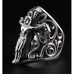 Bague bouclier crucifix et filigrane en argent sterling .925, angle supérieur de la bague