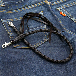 Black Braided Leather Wallet Chain with Tassels, figure eight denim