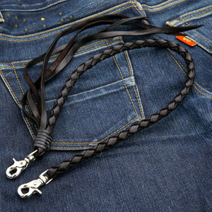 Black Braided Leather Wallet Chain with Tassels, round on denim