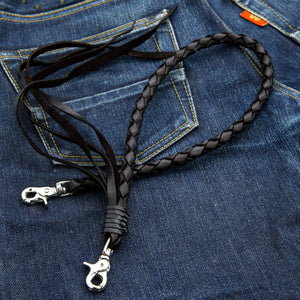 Black Braided Leather Wallet Chain with Tassels, sweeping curve denim