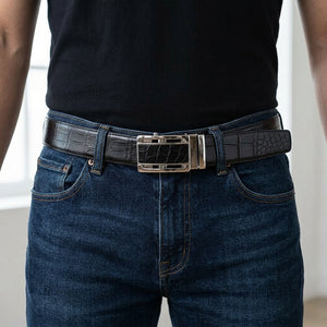 Black Crocodile Leather Automatic Buckle Belt, worn around the waist
