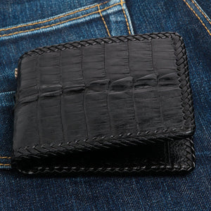 Black Crocodile Tail Leather Bifold Wallet, closed front