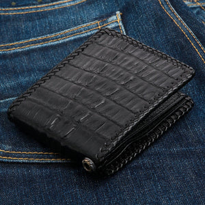 Black Crocodile Tail Leather Bifold Wallet, closed left angle