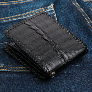Black Crocodile Tail Leather Bifold Wallet, closed right angle