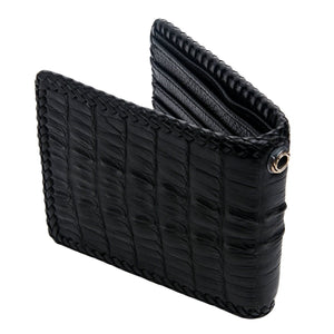 Black Crocodile Tail Leather Bifold Wallet, standing front angle
