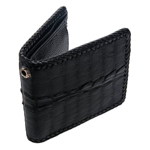 Black Crocodile Tail Leather Bifold Wallet, standing reverse angle