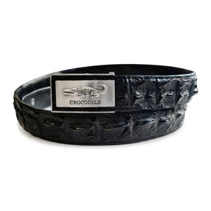 Black Crocodile Hornback Ratchet Belt — buckle front full belt