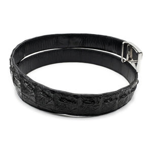 Black Crocodile Hornback Ratchet Belt — interior and buckle