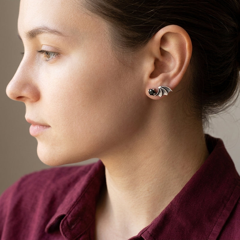 Black CZ Bat Wing Sterling Silver Stud Earrings